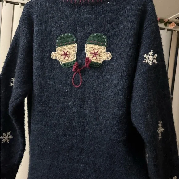 VTG Handknit Silk Mohair Cardigan Women's Large Blue Mitten Embroidery Winter - Picture 6 of 6